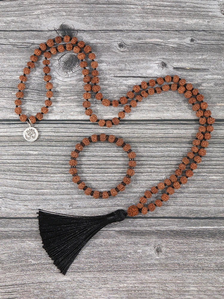 

YUOKIAA Natural Rudraksha Bodhi Meditation Mala Necklace & Bracelet Knotted Bead Bohemian Tassel OM Pendant Prayer Japamala Sets