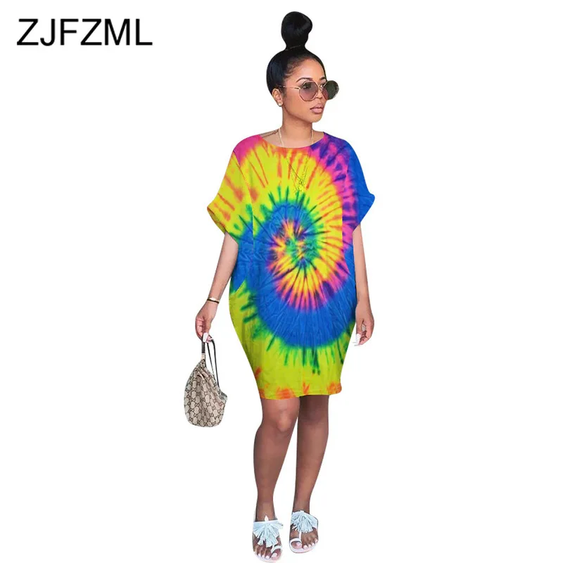 

Colorful Tie Dye Plus Size Causal Dress Women Batwing Sleeve Mini Party Club Dress Summer Round Neck Loose Cotton Dress Vestidos