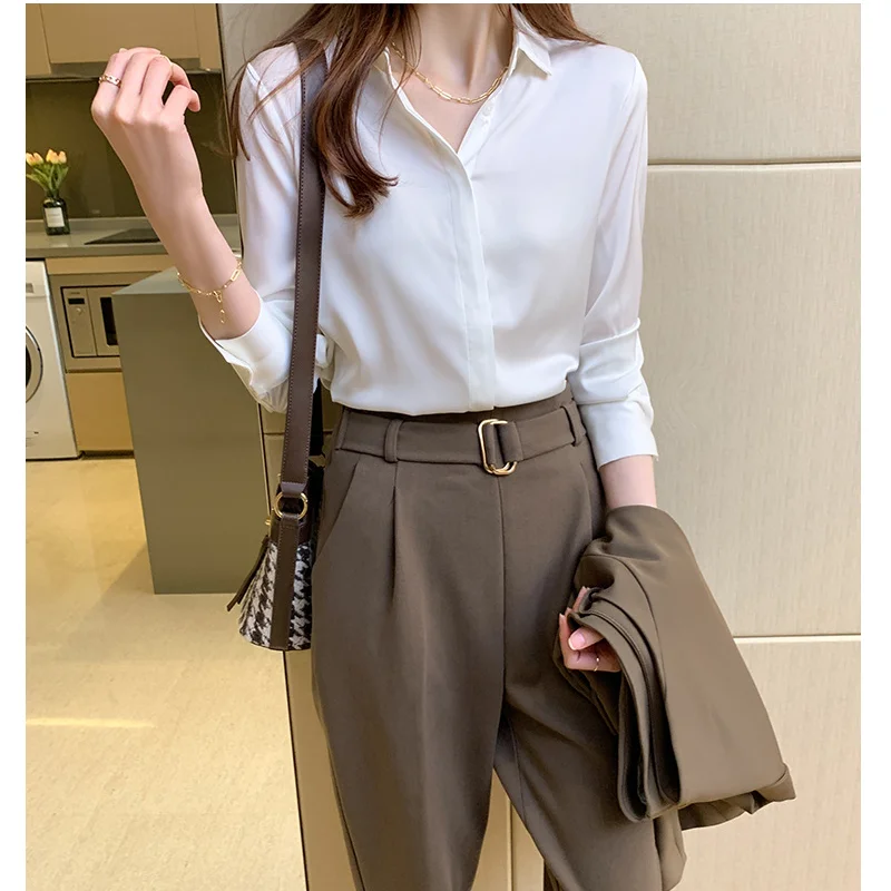 

Spring And Autumn Blouse Solid Color Satin New Fashion Elegant Long Sleeve Turn Down Collar Office Ladies Loose Temperament Tops
