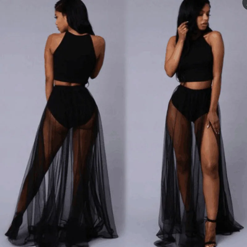 Летняя длинная юбка с высокой талией для девочек женские черные сетчатые