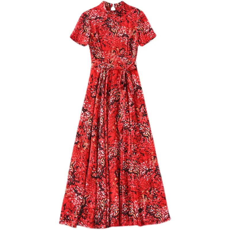 

ChikiIchi 2021 Summer Traditional Fashion Elegant Popular Short-sleeved Stand-up Collar Chiffon Big Swing Dress Dress for Women