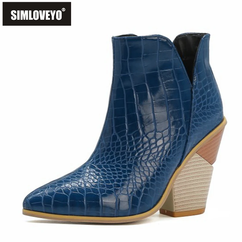 

SIMLOVEYO 2021 Lady Novelty Boots Alligator Texture Pointed Toe Slip On 10CM Strange Block Heel US16 17 Black Yellow Blue A4429