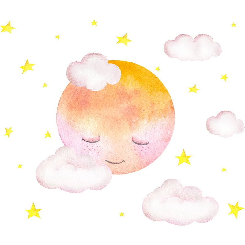 

Watercolor Moon Cloud Stars Wall Stickers for Kids Room Nursery Room Decor Girls Bedroom Decals for Furniture Vinyl Wallpaper