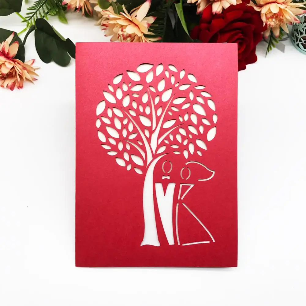 

30pcs/lot Wine red Pearl Paper Tree Couple Wedding Invitations Cards Decoration Ceremony Blessing Card Greeting Party Invitation