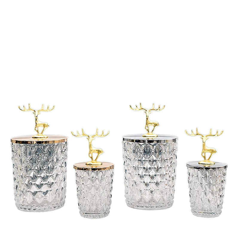 

Luxury Glass Storage Jars with Golden Elk Cover New House Kitchen Canister Set Tea Tin Cosmetic Box Cotton Swab Bottle 2021