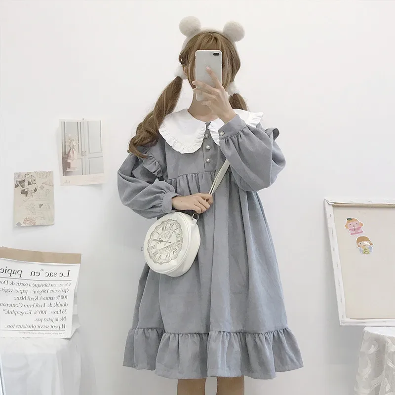 Осенне-зимнее Повседневное платье в стиле Лолиты Kawaii, новое японское милое ретро платье с кукольным воротником, свободное плиссированное платье с длинными рукавами