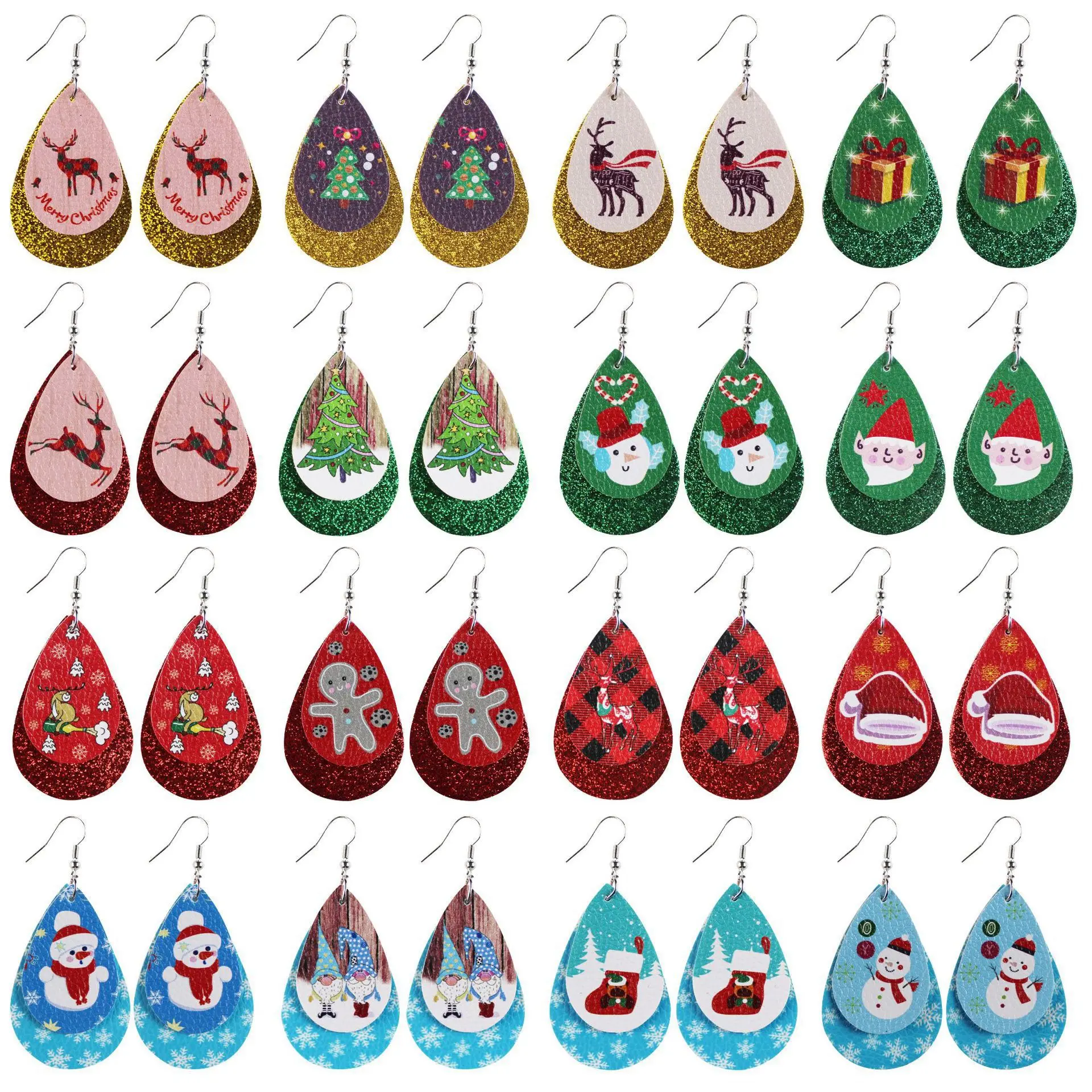 

WANGAIYAO New Drop-shaped Christmas Leather Double Earrings Santa Claus Christmas Tree Elk Snowman Elk Leather Earrings Holiday