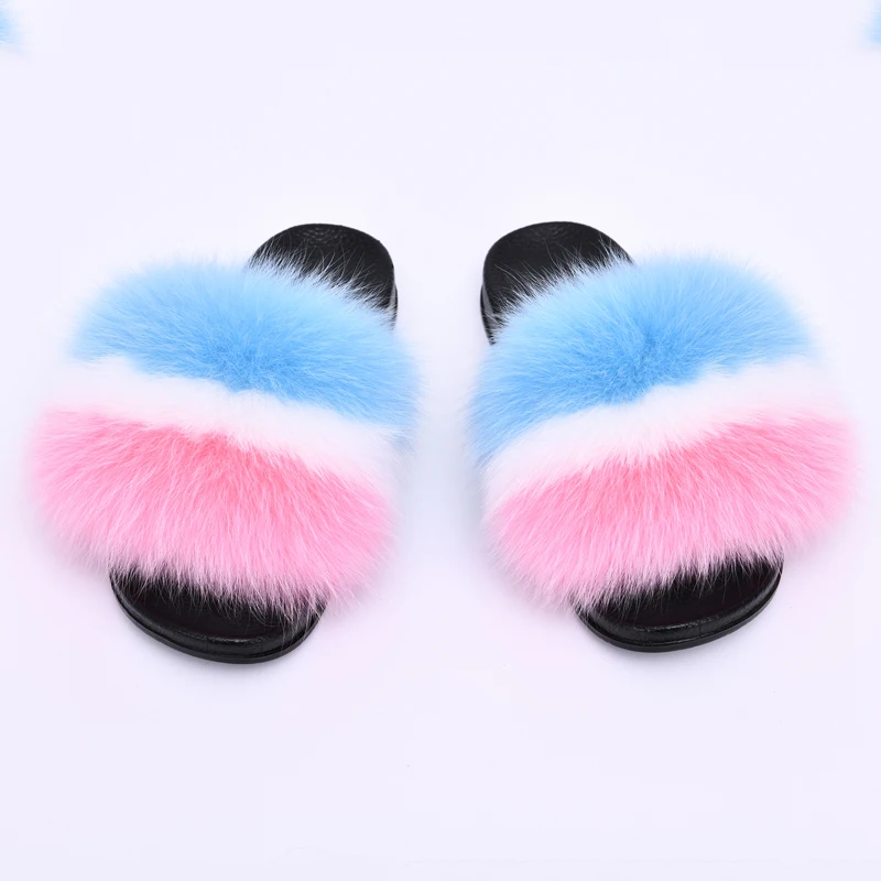 

Women's Summer Flat Slippers Genuine Fox Fur Slippers Women's Thick Hair Slides Non-slip Indoor Real Fur Slippers