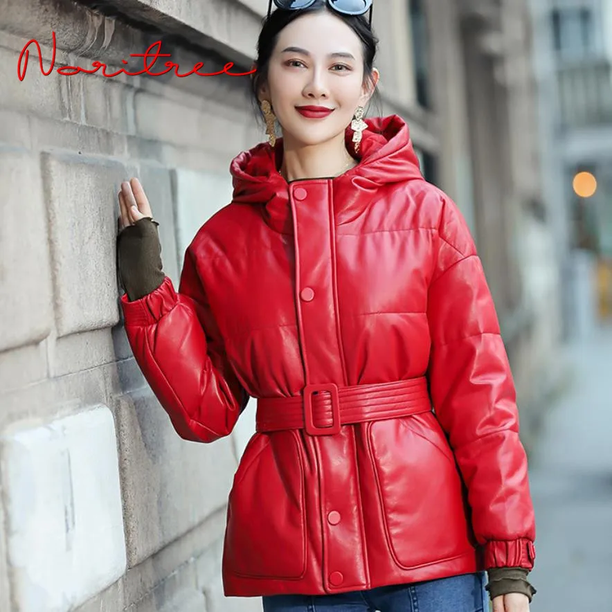 

Fashion Real Sheep Leather Coats Hooded Duck Down Filling Coats Winter Bread Style Down Coats Female Thicker Warm Parkas wy406