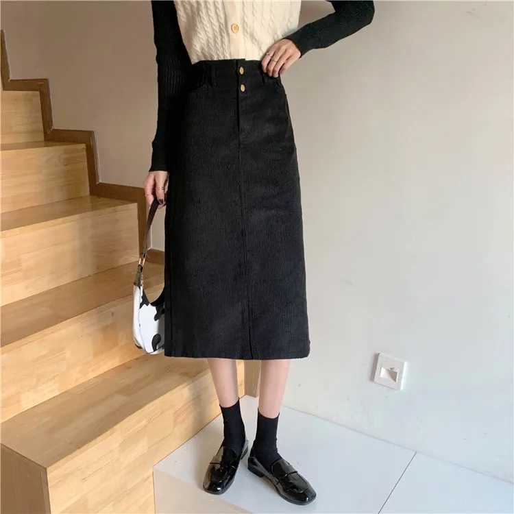 

Small Versatile Casual Slim-Fit Retro Artistic High Waist Corduroy Split Midi Skirt