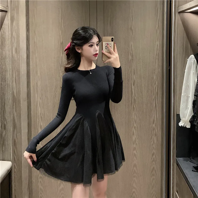 

Knitted Sweater Dress Korean Women 2021 Winter Casual French Vintage Evening Party Knit Dress Female Long Sleeve One-Piece Dress