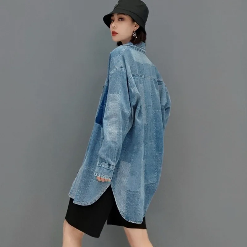 

QING MO Autumn Fashion Blue Denim Coat Women Loose Large Size Casual Long Sleeved Coat 2021 New Trend Shirt Jacket ZWL405