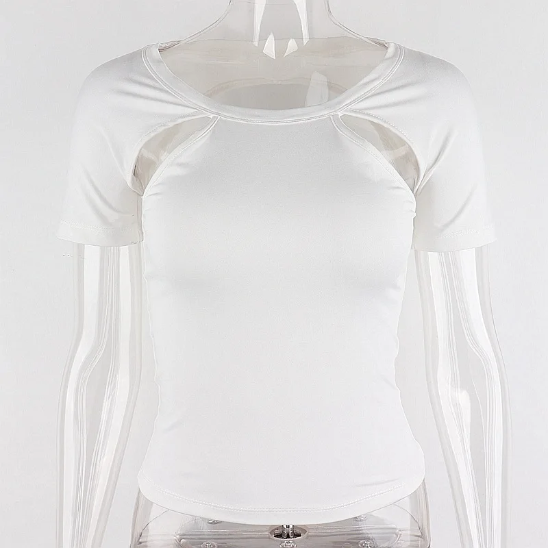 

Chic Fashion Sexy Backless Cut-Out Women T-Shirts Round Neck Slim Short Sleeve White Tops Tee Streetwear Ggbaofan