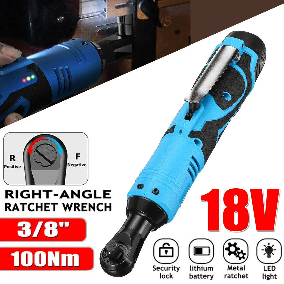 

Electric Wrench 3/8" Cordless Ratchet 18V Rechargeable Scaffolding 100N.m Right Angle Wrench Tools with 1Battery Charger Kit
