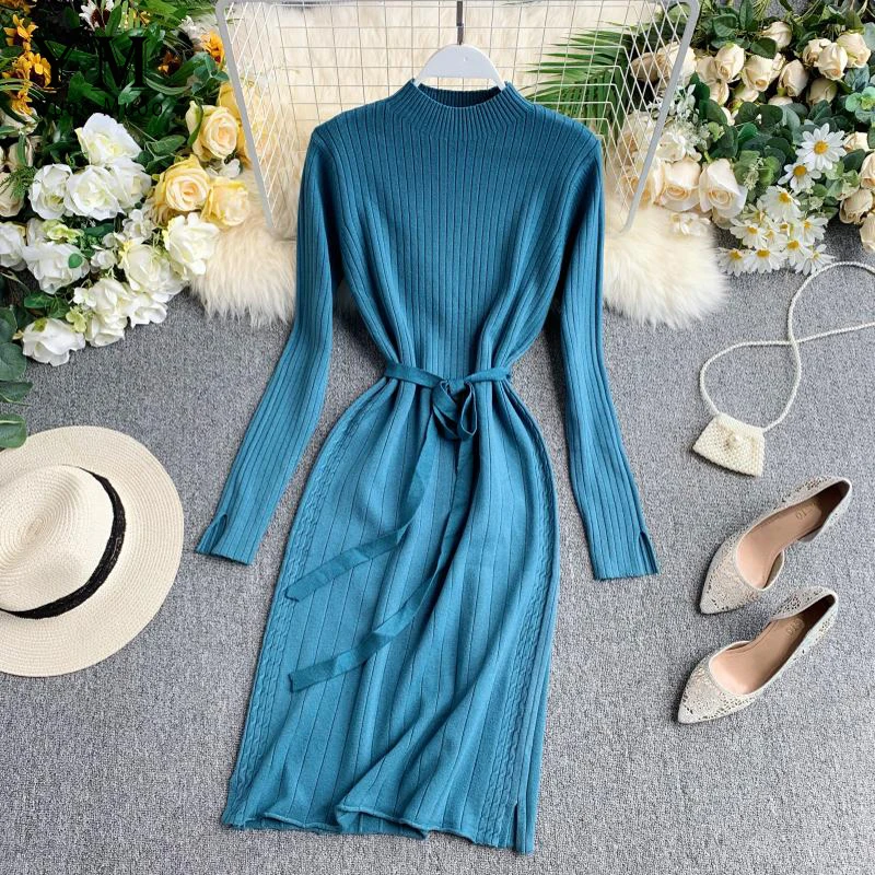 YuooMuoo Good Quality Comfy Elegant Bandage Women Dress Autumn Winter Knitted Sweater Female Midi Pink Ladies | Женская одежда
