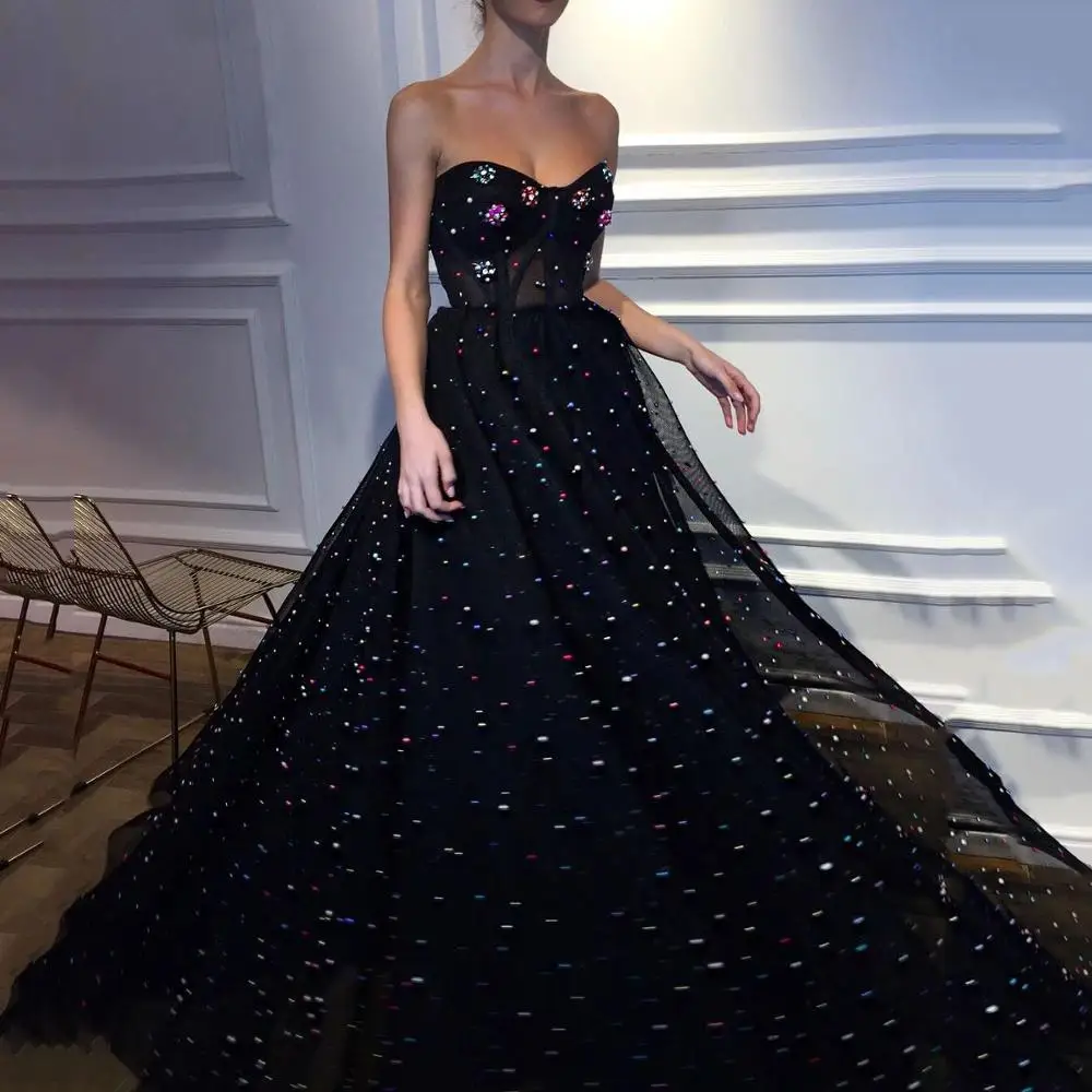 

Thinyfull Sweetheart Black Tulle Prom Gowns Colorful Pearls Corset Bustier Evening Dresses With Pockets 2020 Vestido De Festa