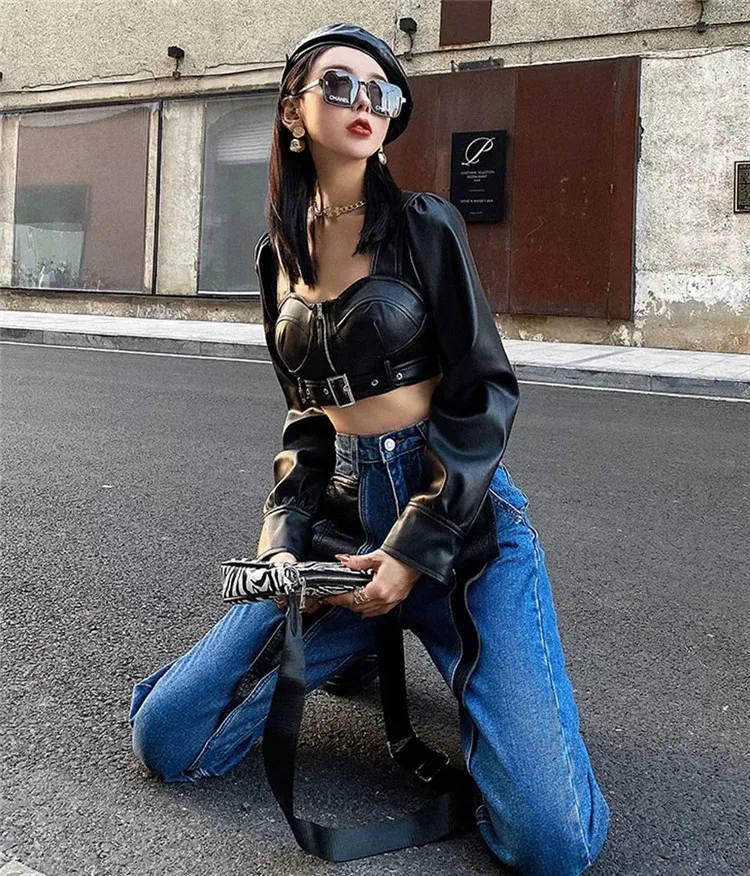 

Sexy Party PU Leather Short Jacket For Women Vintage Blet Long Sleeve Backless High Waist Coat Female Fashion Punk Hip Hop Tops