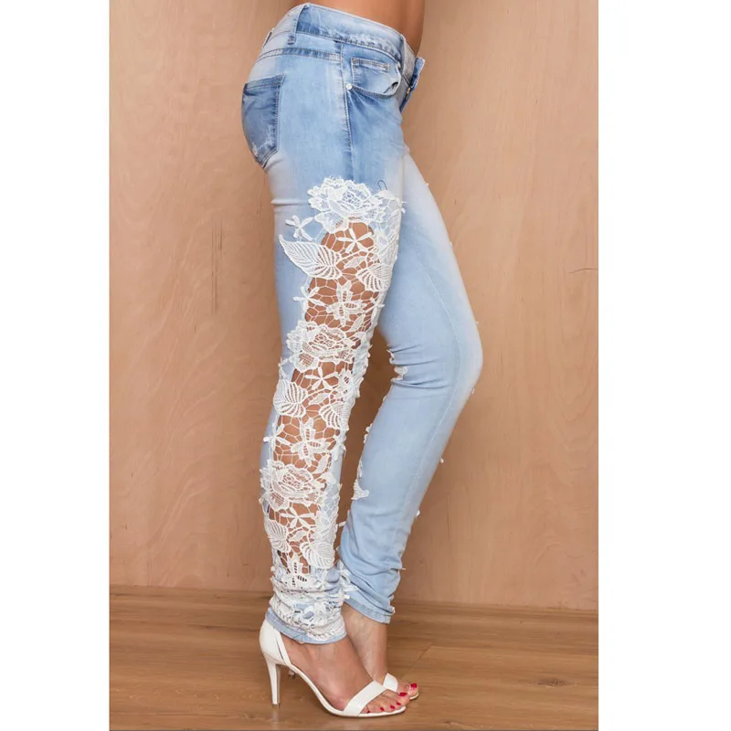 

Women Stretch Lace Floral Side Spliced Denim Trousers Hollow Out Slim Pencil Pants Women Jeans Femme Pantalo