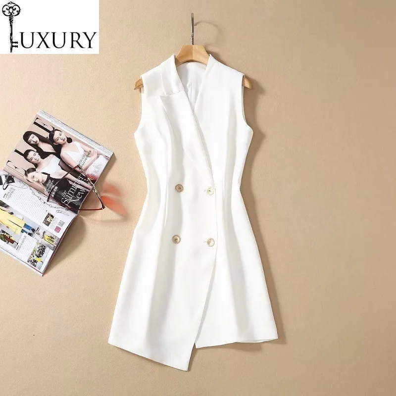 

Style Blazer 2020 Summer Women Notched Collar Double Breasted Sleeveless Slim Fitted Asymmetrical Sexy White Dress OL