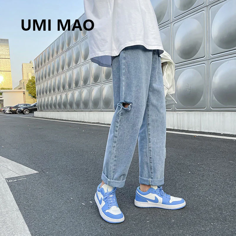 

Тонкие брюки UMI MAO мужские свободные в гонконгском стиле хип-хоп модные брендовые рваные брюки прямые джинсы мужская одежда уличная одежда