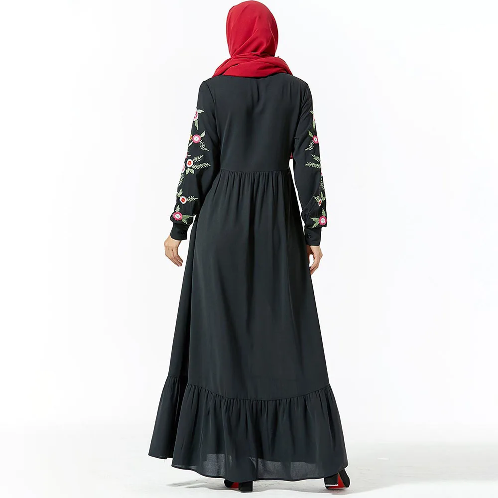 Черное платье с вышивкой Осеннее мусульманское без хиджаба Abayas Дубай женская