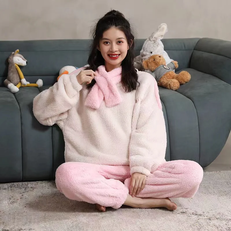 Winter Thick Warm Flannel Pyjamas Set Women's Coral Velvet Long Sleeve Trousers Sleepwear Home Clothing Pajama