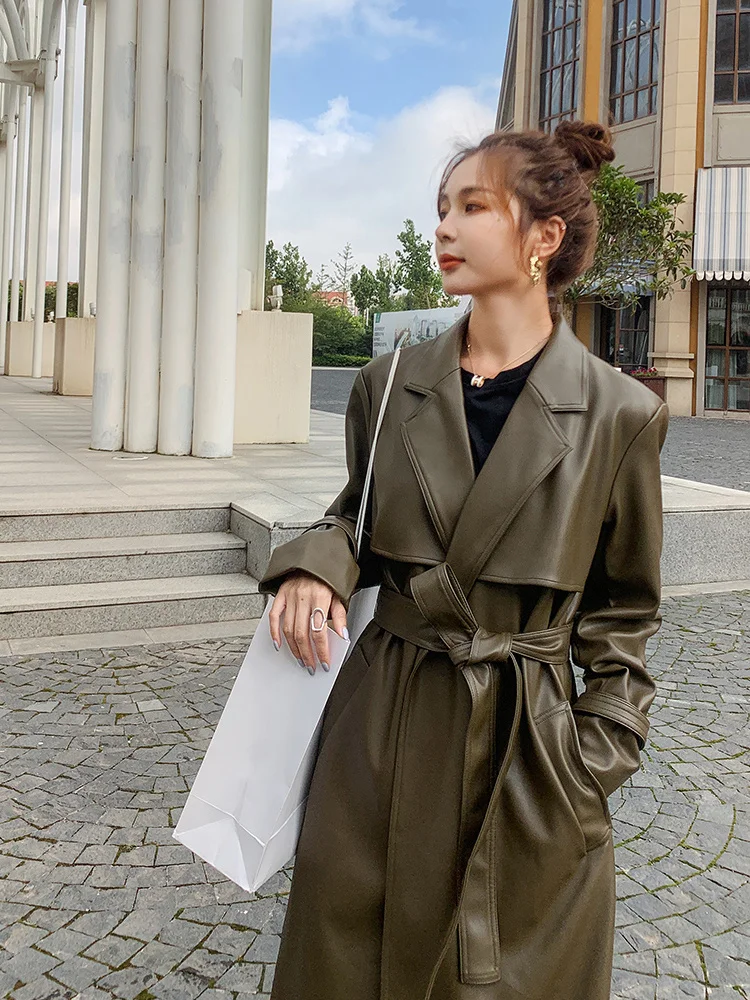 

leather coat women's 2021 autumn new British temperament waist over knee leather jacket
