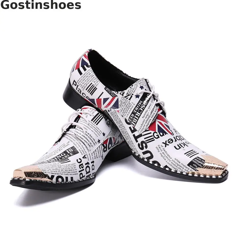 Fashion Men Shoes Genuine Leather Printed Lace-up Derby Metal Capped Toe Pointed Casual Loafers | Обувь