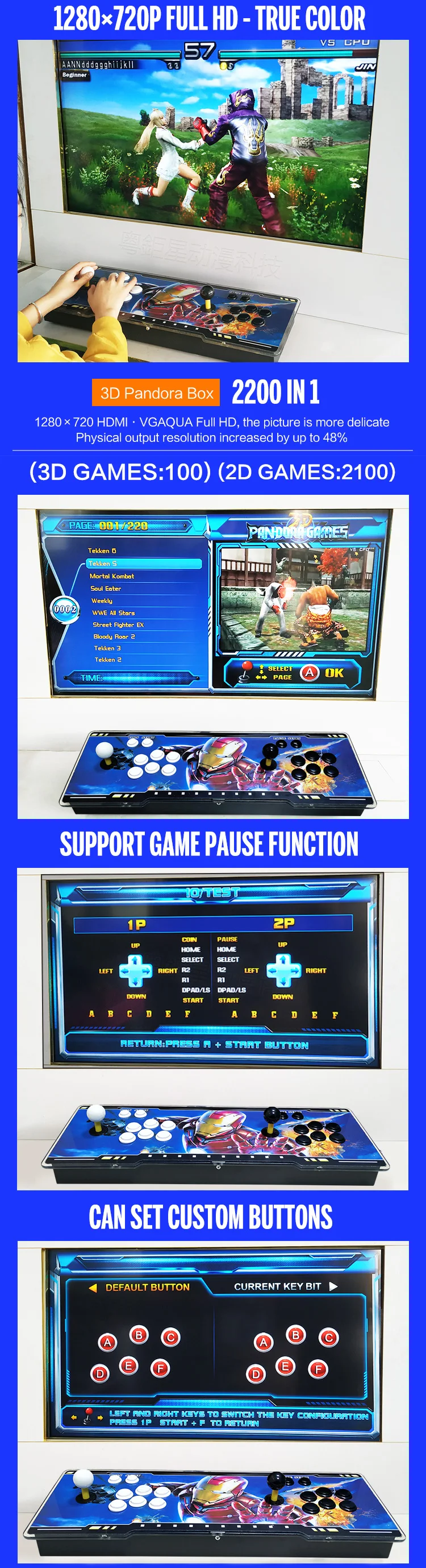 Electronic arcade game console pandora station 3D 6s 1399/2200/2260 in 1 game console for home