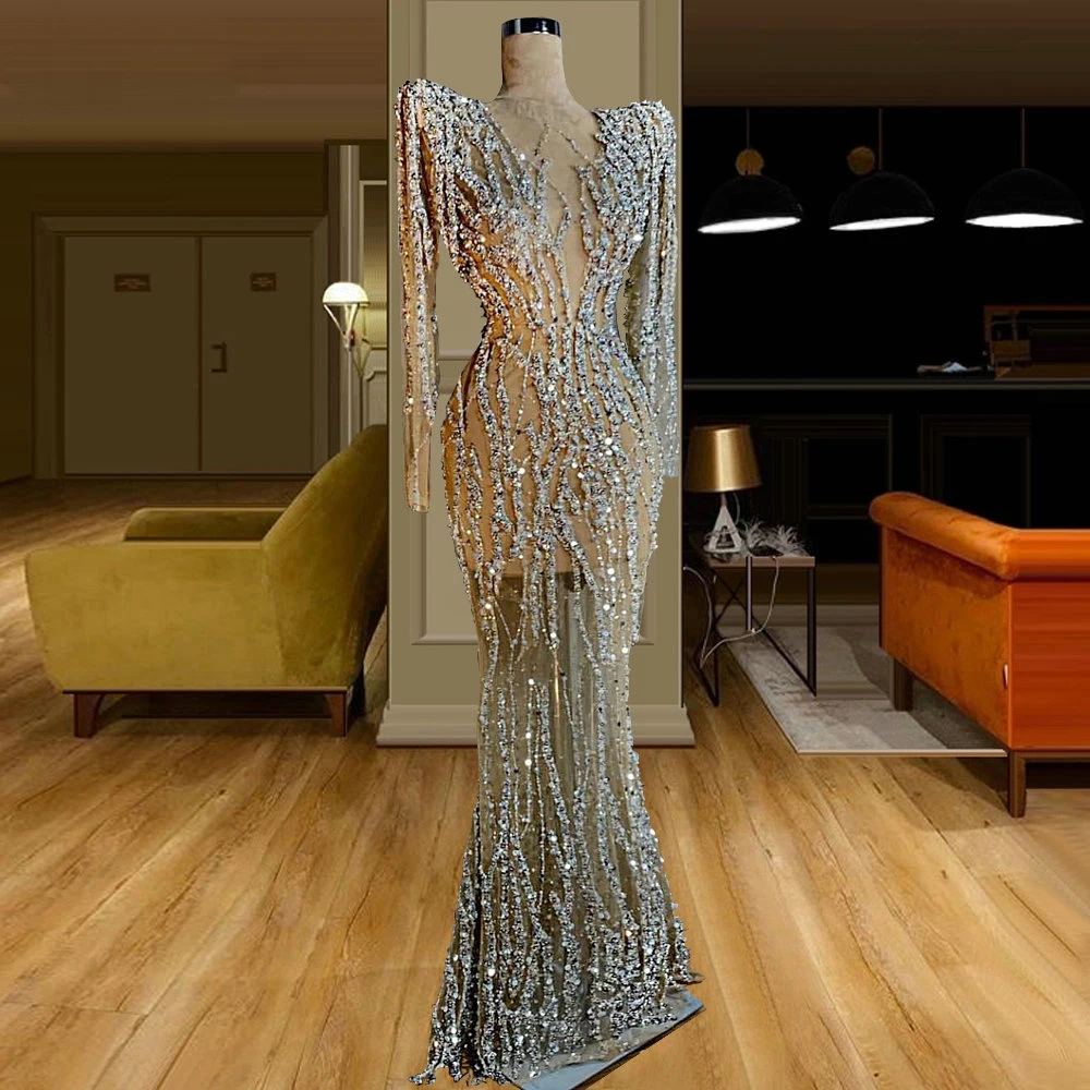 

YILIBER Evening dresses 2021 vintage vlack pearls long sleeves evening gowns beading prom dresses for women short dresses