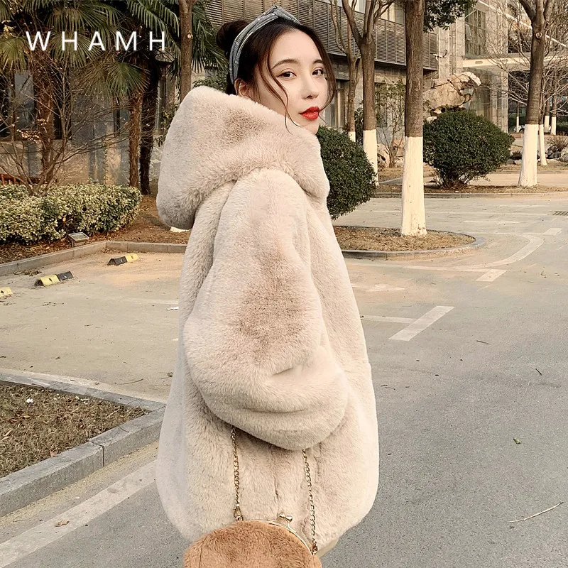 Korean Version Plush Fur Coat Female Mid-length 2023 Winter Cocoon Zipper Imitation Rabbit Fur Hooded Coat Loose Classic Lazy