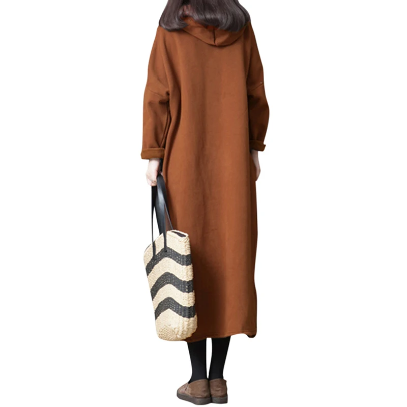 Модное женское платье с капюшоном винтажное однотонное повседневное свободное