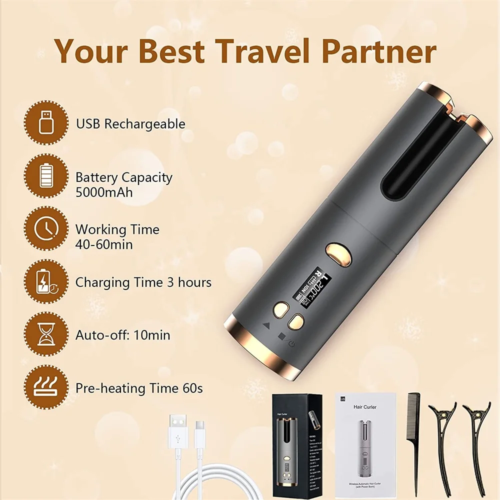 

Cordless Automatic Rotating Hair Curler USB Rechargeable Curling Iron LED Display Temperature Adjustable styling tool Wave Styer
