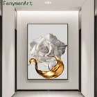 Абстрактная Картина на холсте Белая роза с золотыми чернилами, настенный постер в скандинавском стиле, современная картина с цветами для украшения гостиной