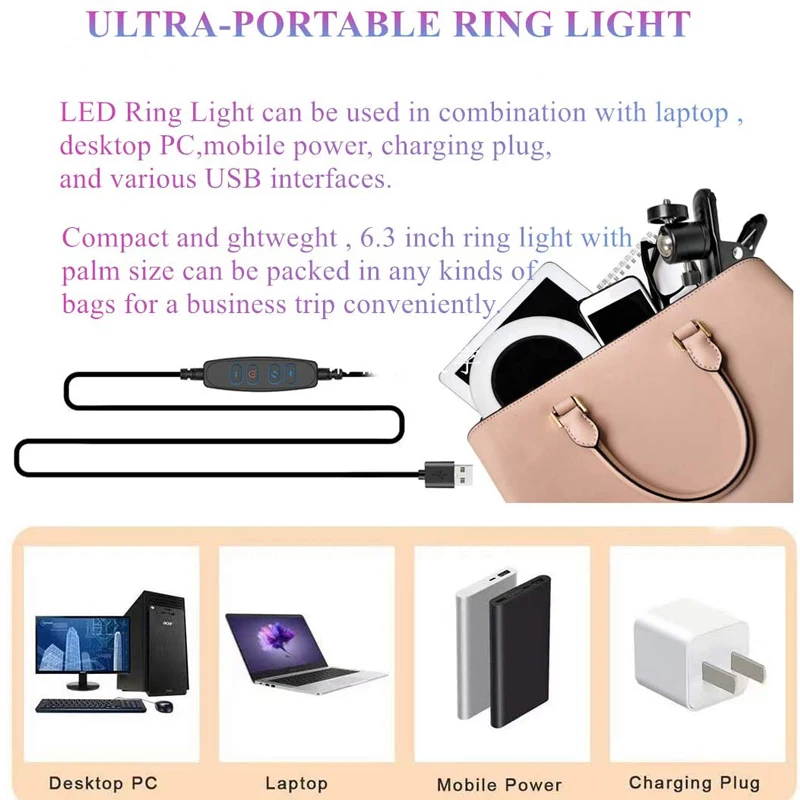 Selfie Ring Light Clip with Clamp Mount Desk Makeup Video 360 Degrees Rotatable Ring Lamp Dimmable Color Live Steam Webcam Light