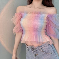 slim rainbow lace mesh 2021 summer mesh short womens blouse shirts fashion short sleeved female ladies top young girl 582d