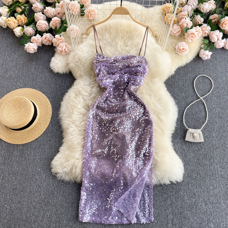 

WEIHAOBANG Women's 2021 New Summer Sequins Spaghetti Strap Sexy Dress Ladys Sleeveless Strapless Purple High Waist Dresses