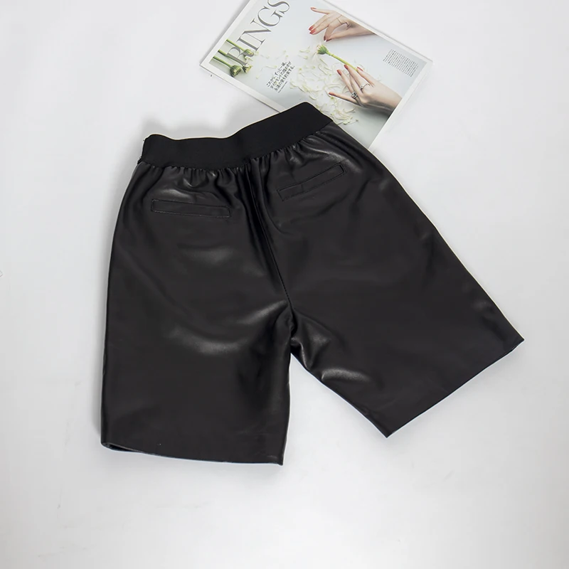 Elastic waist casual shorts women Biker plus size black real leather high female 2019 fashion quality | Женская одежда