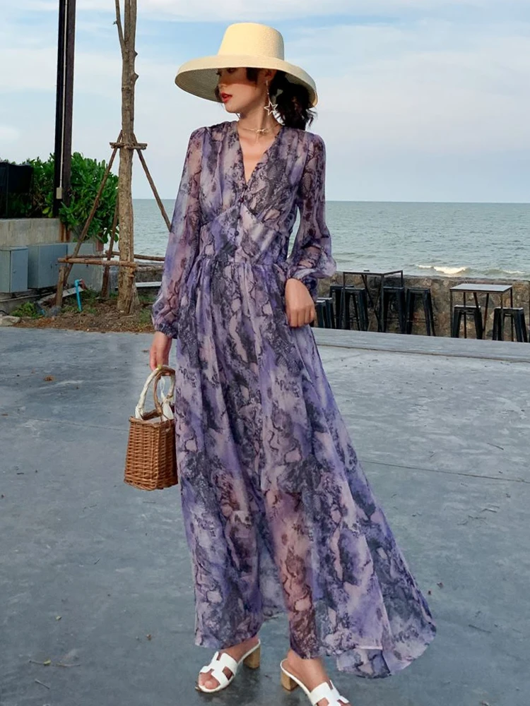 

Big name summer women's chiffon printing lace pleated long dress2020New women's clothing long sleeve fashion party puff skirt XL