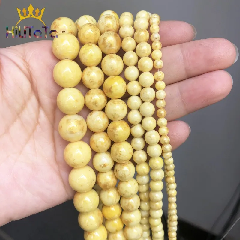 Natural Stone Beads Round Yellow Plated Gold Jades Loose For Jewelry Making DIY Bracelet Accessories 15'' 4/6/8/10/12mm | Украшения