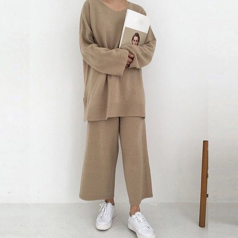 

Fashion Loose Knitted Suits Autumn Winter Two Piece Women Set Casual Long Sleeve Tops Pullover + Straight Pants Outfits Homewear