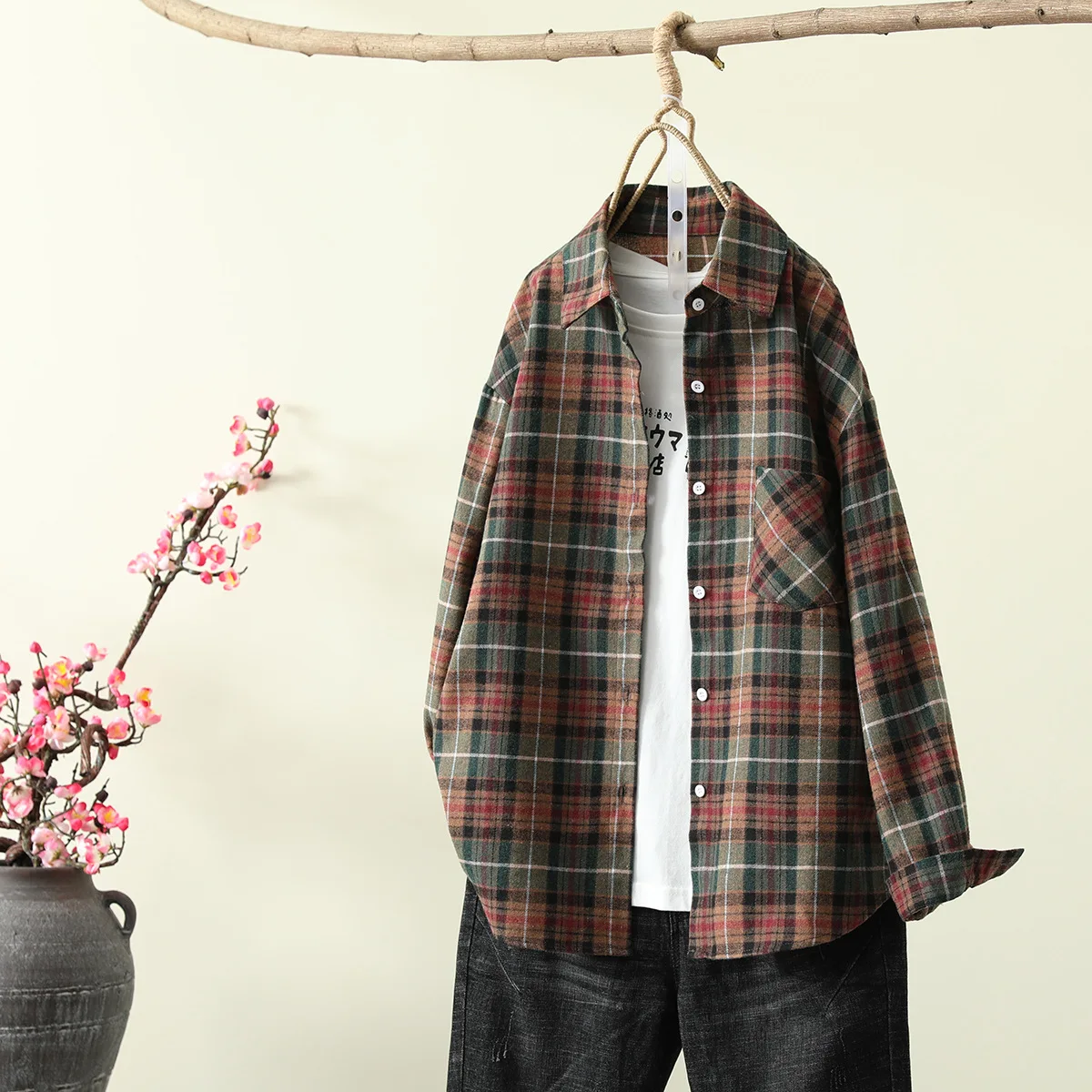 Клетчатые рубашки с отворотами в Корейском стиле свободная блузка Женская