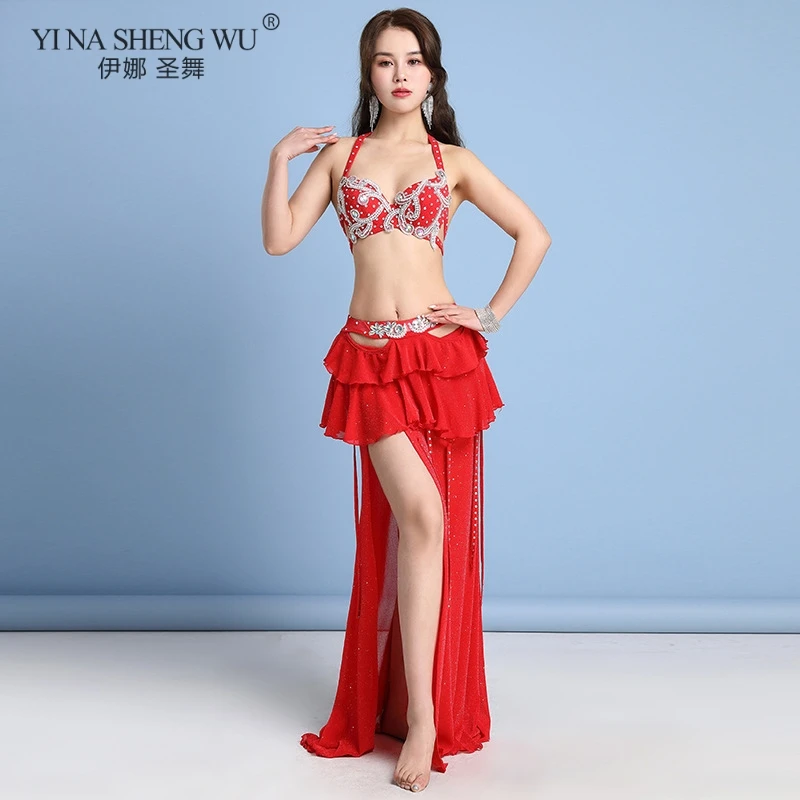 

Rhinestones Crystal Belly Dance Suits Women Performance Show Belly Dance Bra Senior 2pcs Belly Dance Set Practice Clothes Set