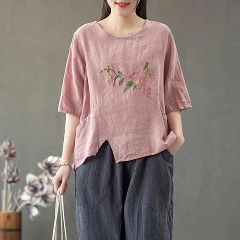 

Plus Size Fashion Summer Cotton Linen Two Piece Set Women Harem Pants +Casual Embroidered Tops Suits Elegant Women's Sets Y121