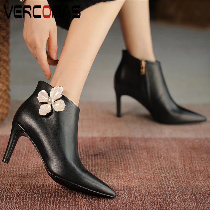 

VERCONAS Elegant Women Ankle Boots Basic Genuine Leather Pointed Toe Thin Heels Flower Party Office Shoes Woman Autumn Winter