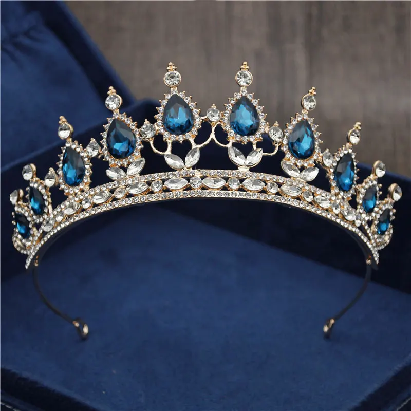 Gold Vintage Blue Новая Винтажная тиара в стиле барокко, корона для королевы невесты, розовые хрустальные короны, свадебные модные украшения для волос, свадебные аксессуары - Окраска металла: Gold Vintage Blue