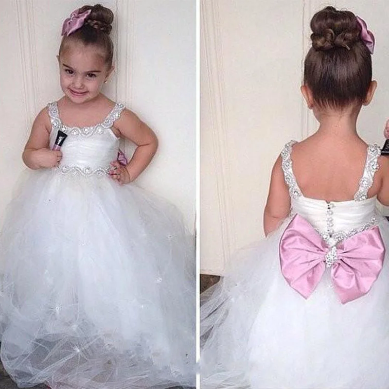 

Popular Custom Little Girls Ball Gowns Puffy Tulle Flowers Girl Wedding Dresses Flower Girl Dresses With Big Bow
