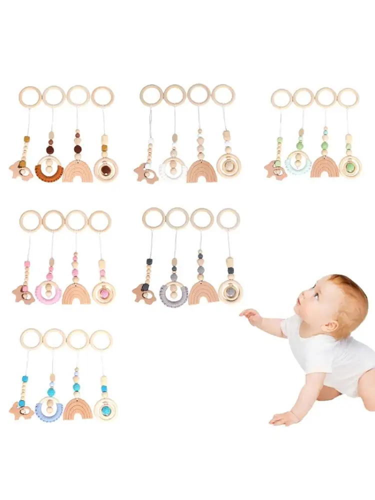 

4 Pcs/Set Baby Play Gym Frame Stroller Hanging Pendant Wooden Ring Teether Molar F3ME
