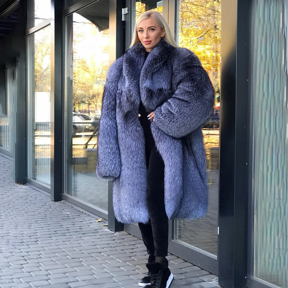 TOPFUR Fashion Natural Blue Fox Winter Loose Coat Women Leather Jacket Real Fur Coat Women Full Sleeves Lapel Collar