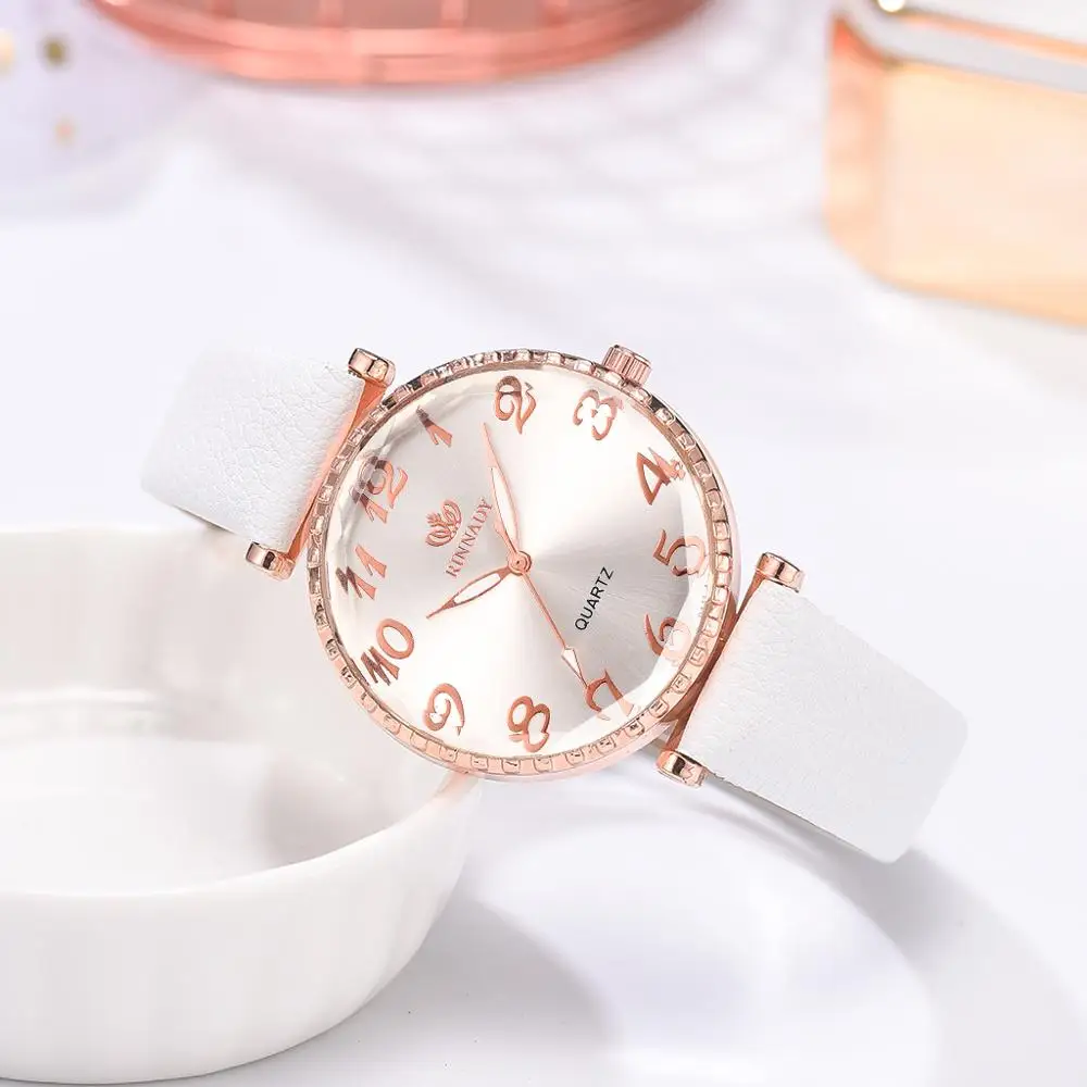 Модные кожаные часы набор женских браслетов 5 шт. простой белый ремешок